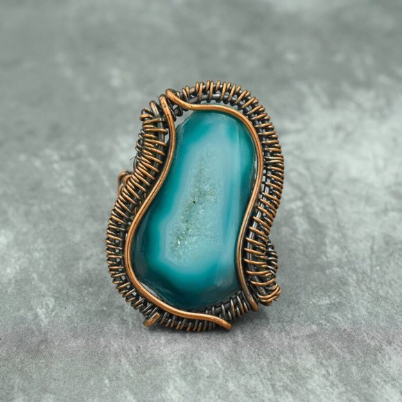 Green Agate Druzy Ring Size 9 Copper Wire Wrapped Gemstone Ring - Picture 4 of 4